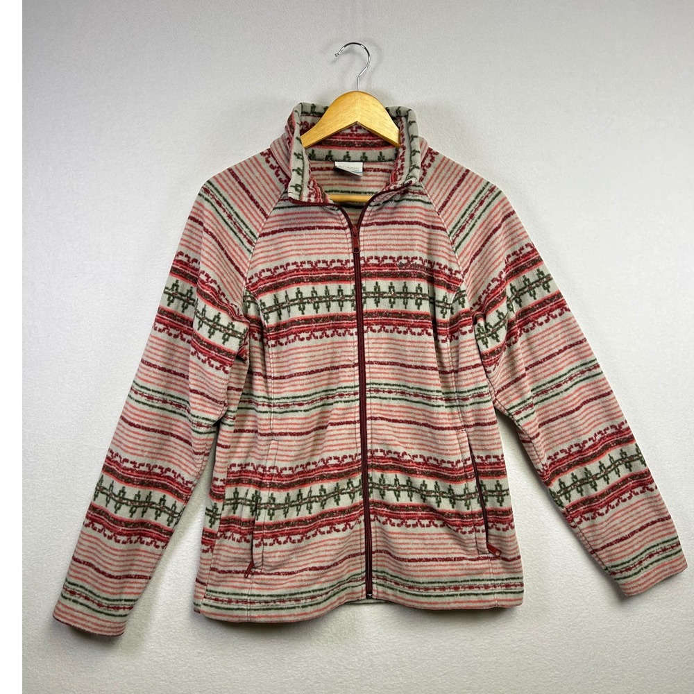 Columbia Women's Fleece Jacket Pink Red Green Stripe‎ Pattern Full Zip Size L